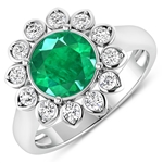 14K White Gold #7 Size Ring 1.8 Carat Zambian Emerald (AA) Round - 1Pc + White Diamond F/C Round  0.36ct (Vault_Q) 